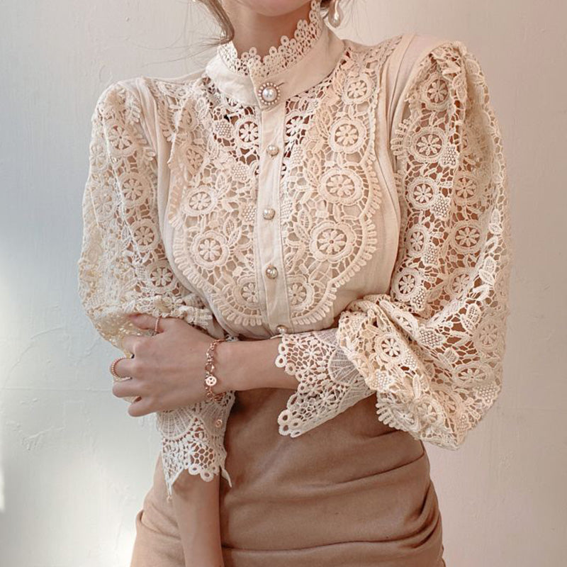 Lace Hollow Flower Stitching Long-Sleeved Stand Collar Shirt - Minihomy