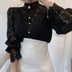 Lace Hollow Flower Stitching Long-Sleeved Stand Collar Shirt - Minihomy