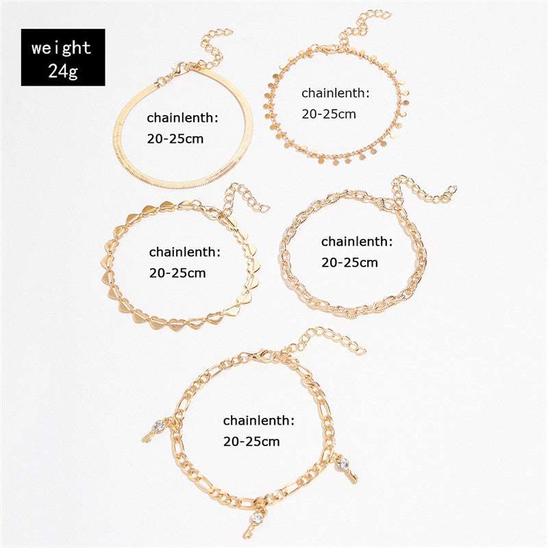 5 Pcs Women Fashion Gold Color Heart Crystal Key Anklets For Women Trendy Snake Chain Anklets For Women Foot Jewelry Gifts - Minihomy