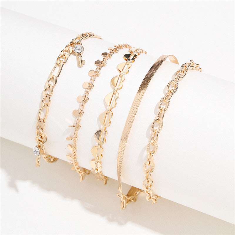 5 Pcs Women Fashion Gold Color Heart Crystal Key Anklets For Women Trendy Snake Chain Anklets For Women Foot Jewelry Gifts - Minihomy