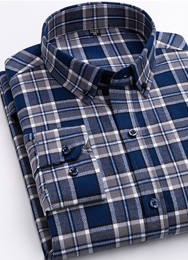 Cotton Plaid Shirt - Men's Long-Sleeved Cotton Fleece Shirt - Minihomy