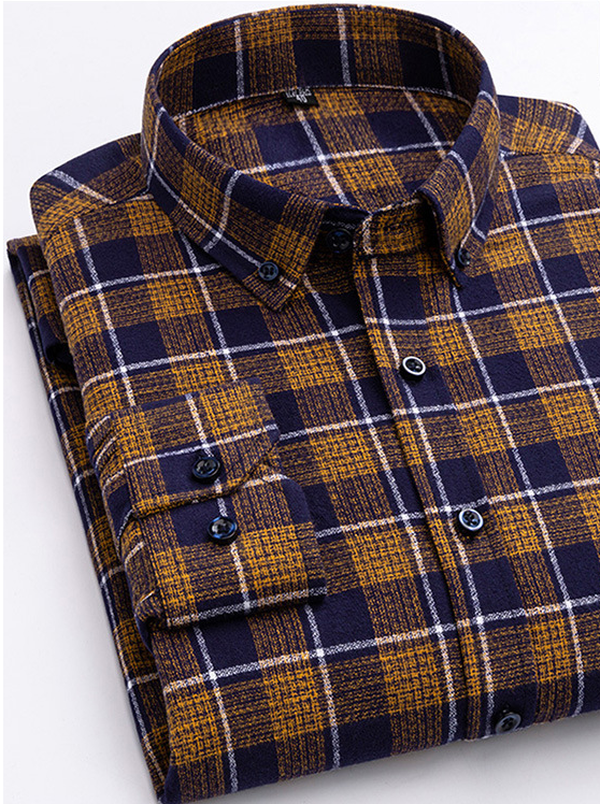 Cotton Plaid Shirt - Men's Long-Sleeved Cotton Fleece Shirt - Minihomy