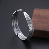 Vintage Thai Silver Women's Simple Feather Bracelet Open Bracelet Women