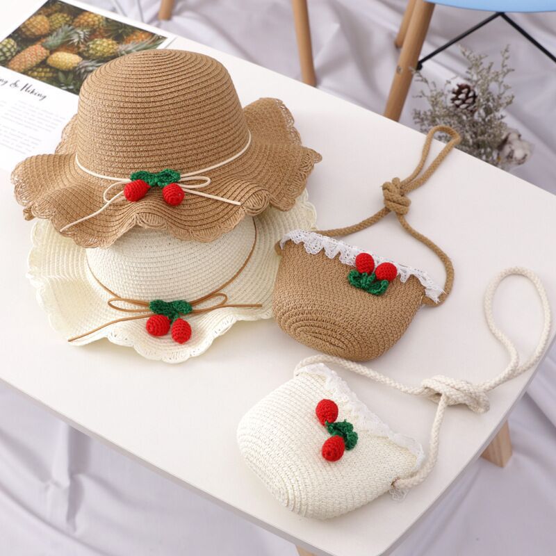 Girl Cherry Straw Hat Bag Set Princess Hat Beach Hat Sun Hat - Minihomy