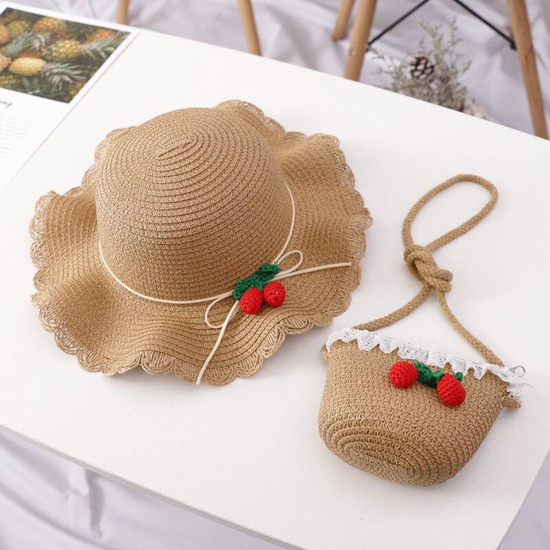 Girl Cherry Straw Hat Bag Set Princess Hat Beach Hat Sun Hat - Minihomy