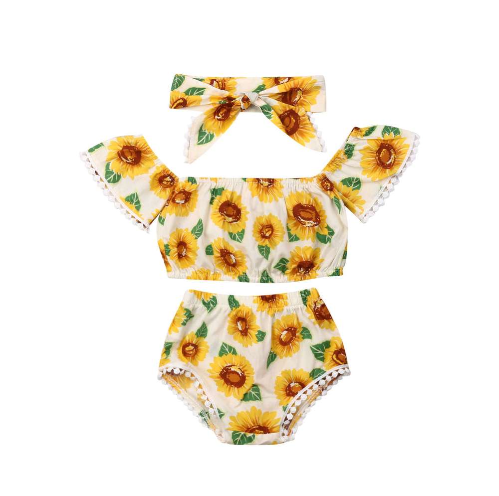 Girl Sunflower Print One-Shoulder Top Triangle Shorts Suit - Minihomy