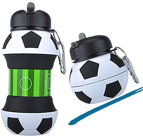 Football Soccer Silicone Water Bottle with Straw Foldable Collapsible Travel Non-toxic Bottles Innovating Camping - Minihomy