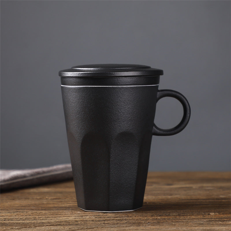 Ceramic Large Capacity Mug Custom Japanese Stoneware Office Cup Wooden Handle Gift Cup With Lid Tea Separation - Minihomy