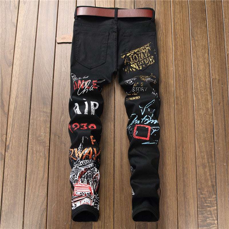 Jeans Slim Graffiti Print Trousers Men - Minihomy