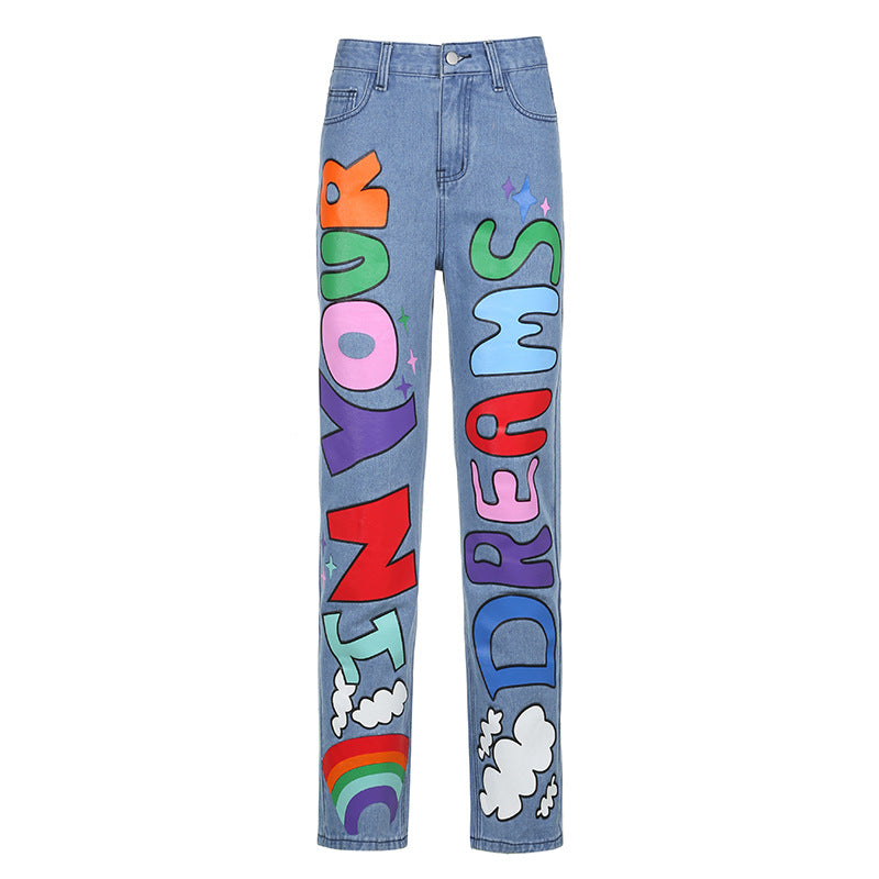 Contrast Color Letters Graffiti Print Loose Jeans - Minihomy