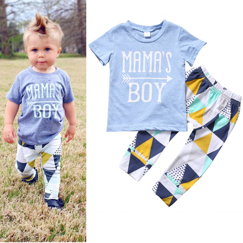 Short-Sleeved T-Shirt Blue Letter Arrow Geometric Pants Baby Two-Piece Suit