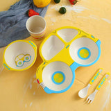 Children'S Bamboo Fiber Tableware Kindergarten Children'S Eating Grid Plate Household Cartoon Bowl Spoon Fork Cup Set - Minihomy