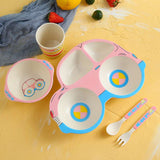 Children'S Bamboo Fiber Tableware Kindergarten Children'S Eating Grid Plate Household Cartoon Bowl Spoon Fork Cup Set - Minihomy