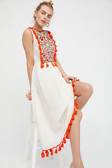 Bohemian Embroidered Floral Fringe Sleeveless Vest Dress - Minihomy