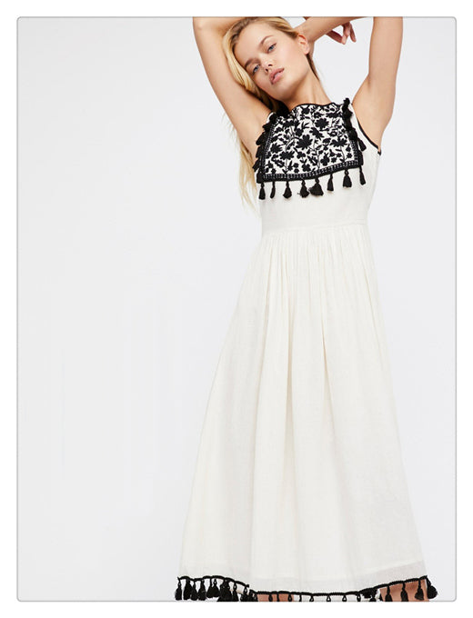 Bohemian Embroidered Floral Fringe Sleeveless Vest Dress - Minihomy