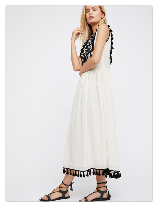 Bohemian Embroidered Floral Fringe Sleeveless Vest Dress - Minihomy