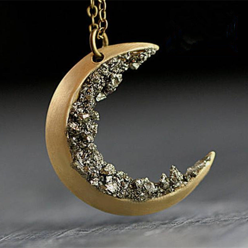 Pin Broken Crystal Gold Crescent Necklace Retro Glamour Woman Long Necklace - Minihomy