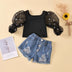 Cotton Dot Mesh Sleeves Striped Top & Ripped Denim Shorts Kids Suit - Minihomy