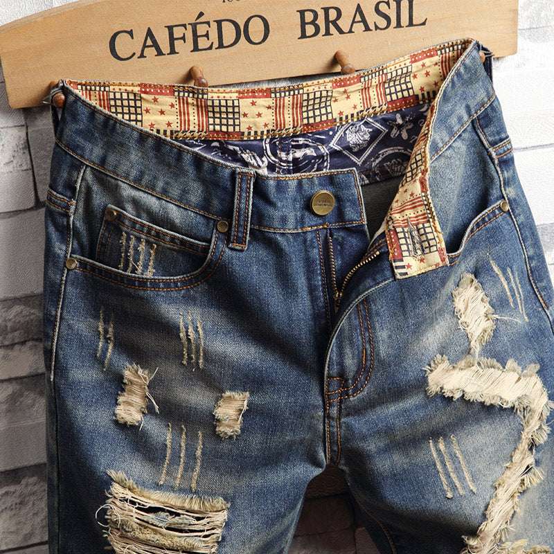 Men Vintage Ripped Short Jeans Streetwear Hole Slim Denim Shorts - Minihomy