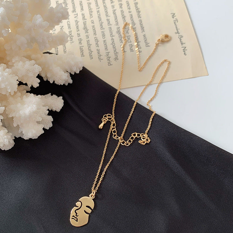 Multiple Abstract Face Metal Choker Necklace For Women Gold Color Chain Round Coin Geometric Pendant Necklace - Minihomy