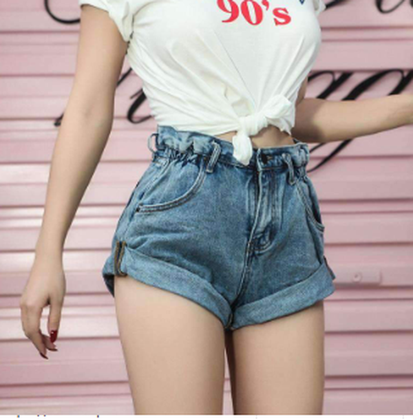 High waist denim shorts female elastic waist cuff wide leg pants shorts - Minihomy