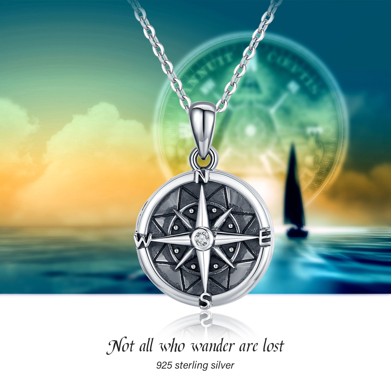 Sterling Silver Compass Round Photo Pendant That Holds Pictures Memorial Jewelry