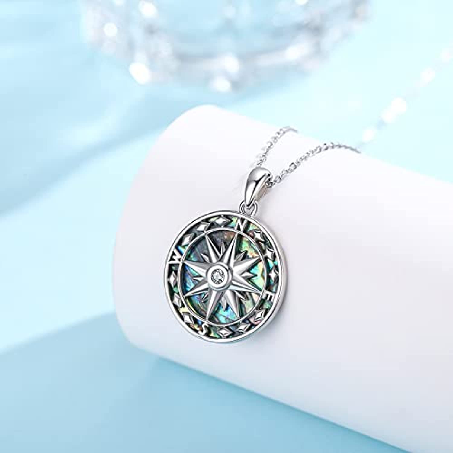 Compass Necklace for Women Sterling Silver Malachite Abalone Shell Pendant Jewelry Graduation Gift for Men Teens - Minihomy