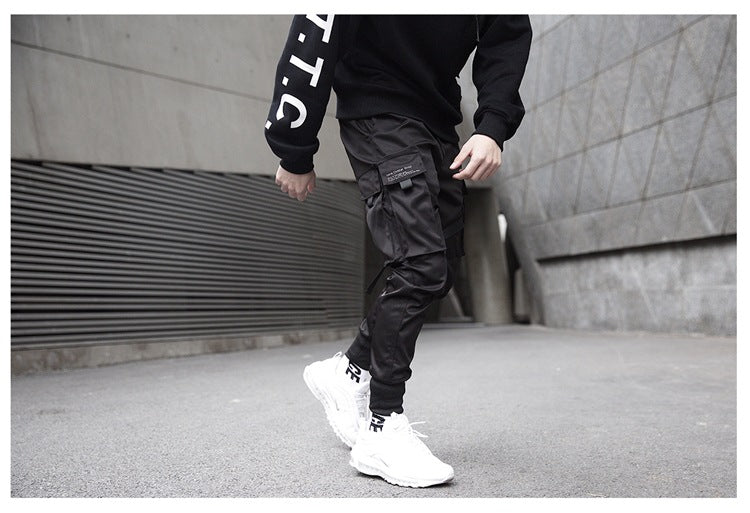 Men Black Hip Hop Cargo Pants Elastic Waist Jogger Trousers - Minihomy