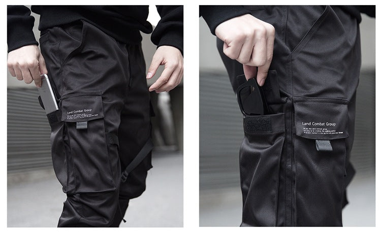 Men Black Hip Hop Cargo Pants Elastic Waist Jogger Trousers - Minihomy