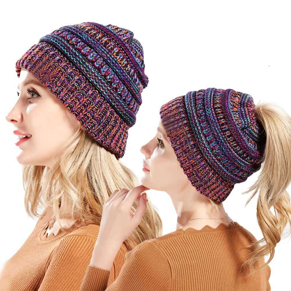 Mixed Color Knitted Wool Hat Ladies Non-labeled Ponytail Hat - Minihomy