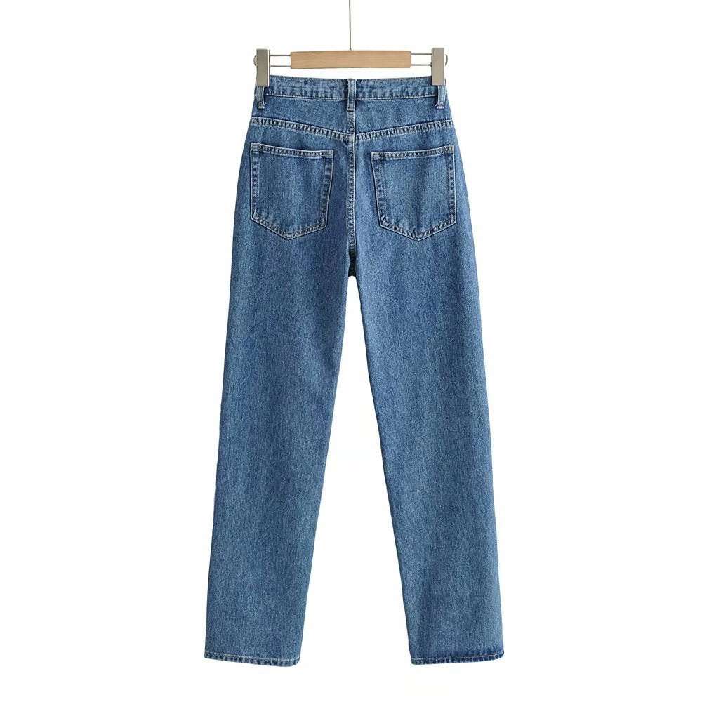 Double-knee Holes Rolled Edge Mopping Jeans - Minihomy