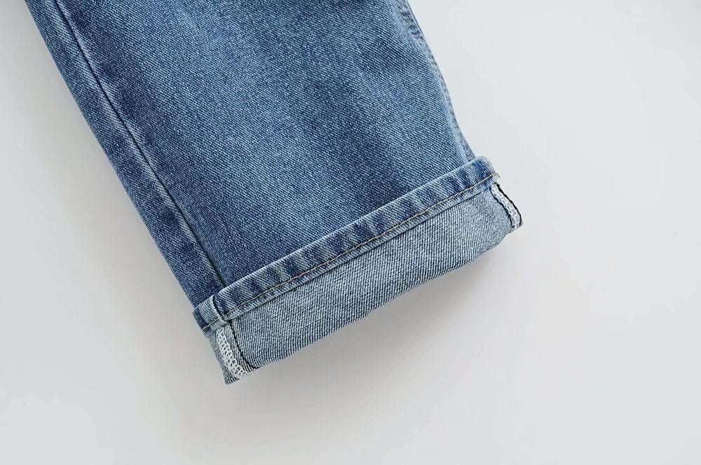 Double-knee Holes Rolled Edge Mopping Jeans - Minihomy