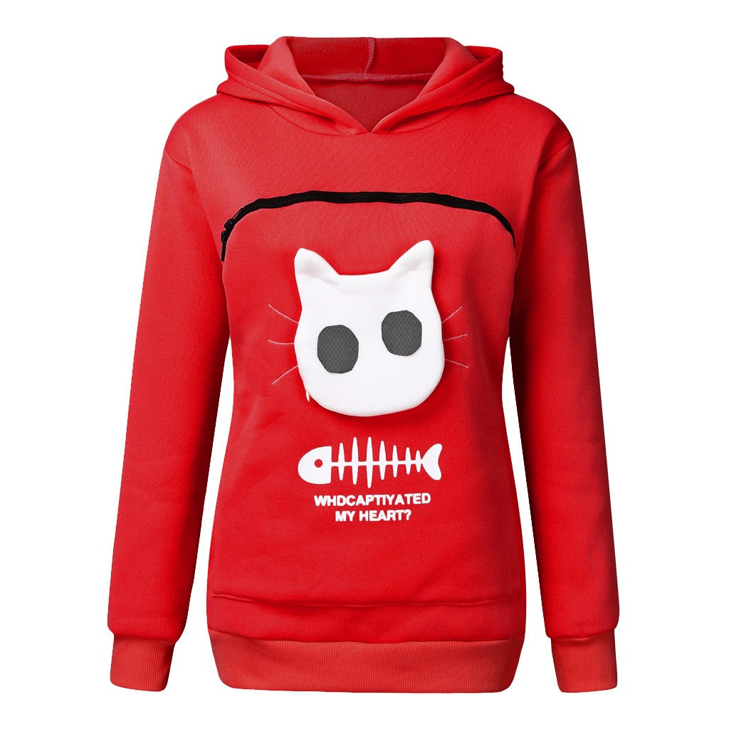 Kadın Kapşonlu Sweatshirt Kedi Evcil Hayvan Cep Tasarımı Uzun Kollu Kazak Kedi Kıyafeti