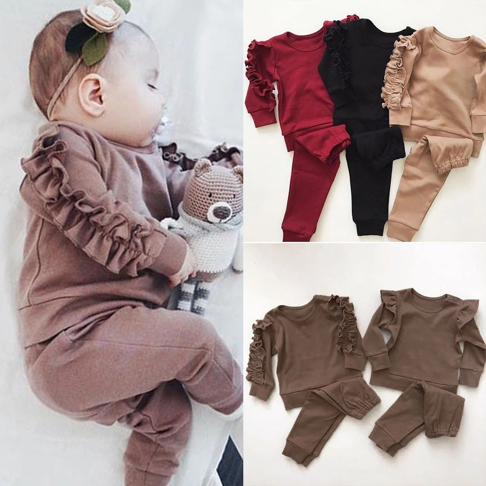 Baby Boys Girls Ruffles Jumper Solid Long Sleeve Sweatshirt Tops Pants - Minihomy