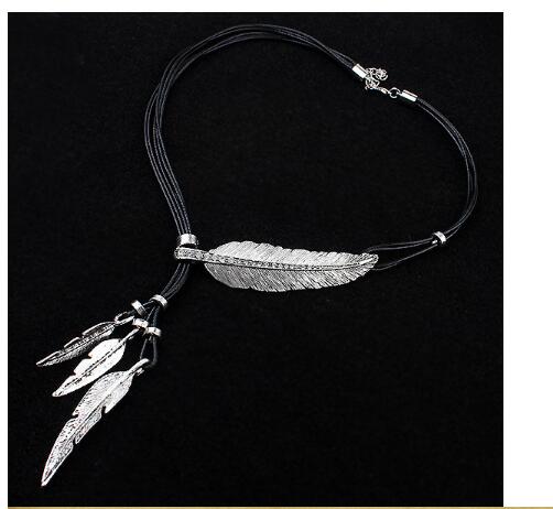 3 Colors Black Rope Multilayer Feather Leaf Tassels Pendant Necklace - Minihomy