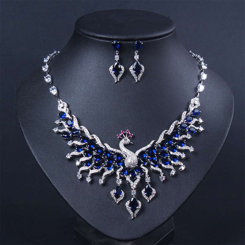 Ethnic Style Zircon Peacock Earring Set Tassel Colorful Clavicle Necklace Jewelry Set - Minihomy