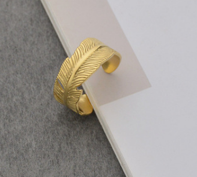 French Female Romantic Feather Opening Adjustment Ring Titanium Steel 14K Gold Color Preservation Leaf Leaf Ring - Minihomy