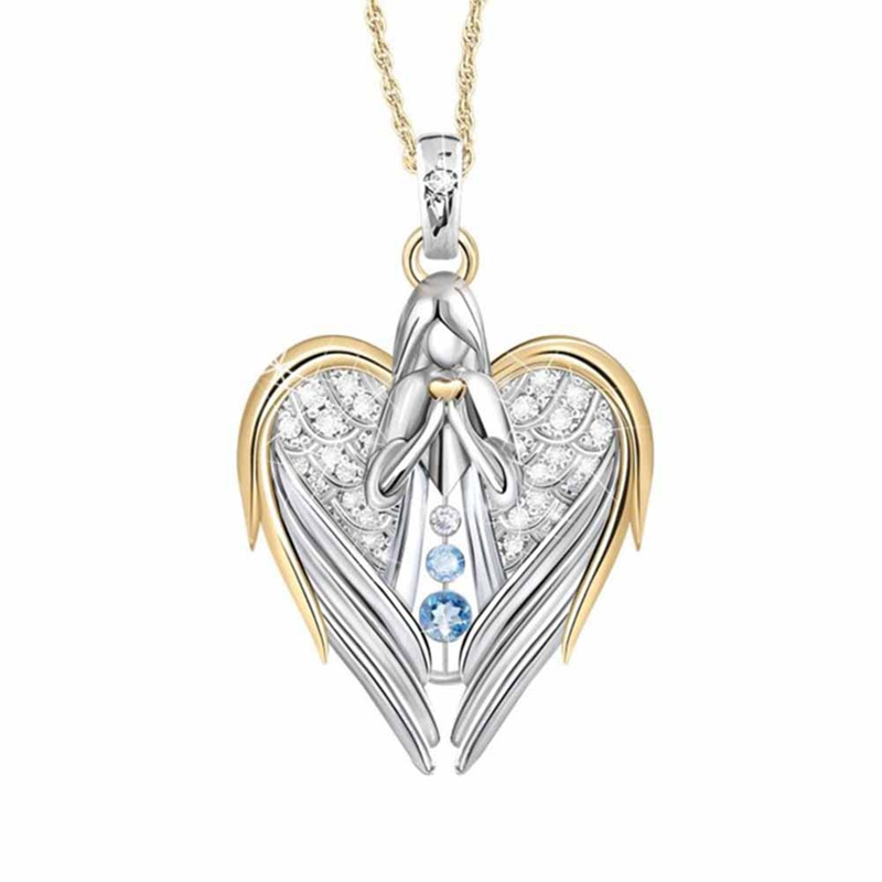 Gold Sliver Crystal Rhinestone Heart-shaped Design Angel Wings Sweater Chain Pendants Necklaces For Women Angle Girl Gift - Minihomy