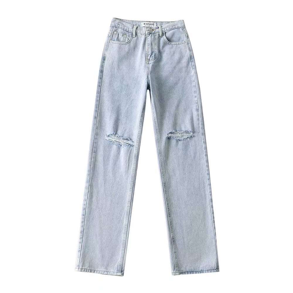 Double-knee Holes Rolled Edge Mopping Jeans - Minihomy