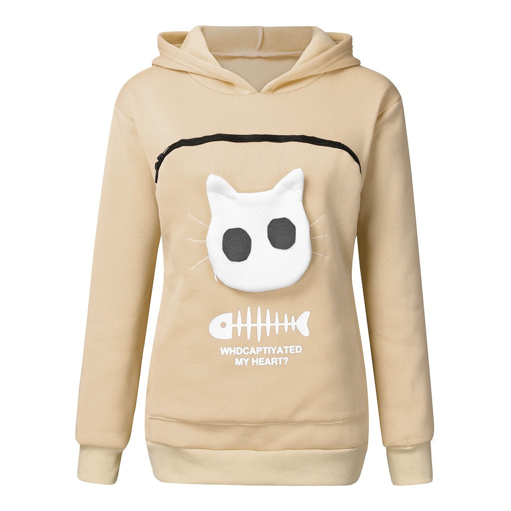 Kadın Kapşonlu Sweatshirt Kedi Evcil Hayvan Cep Tasarımı Uzun Kollu Kazak Kedi Kıyafeti