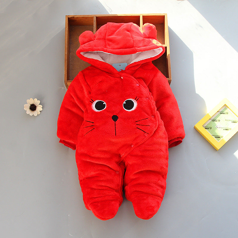 Keep Your Little One Cozy with our Coral Fleece Padded Baby Hooded Romper - Minihomy