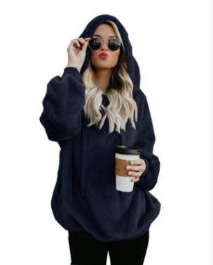 Plus Size Fall Winter Long Sleeve Plush Hooded Shirt Warm Sweatshirt - Minihomy