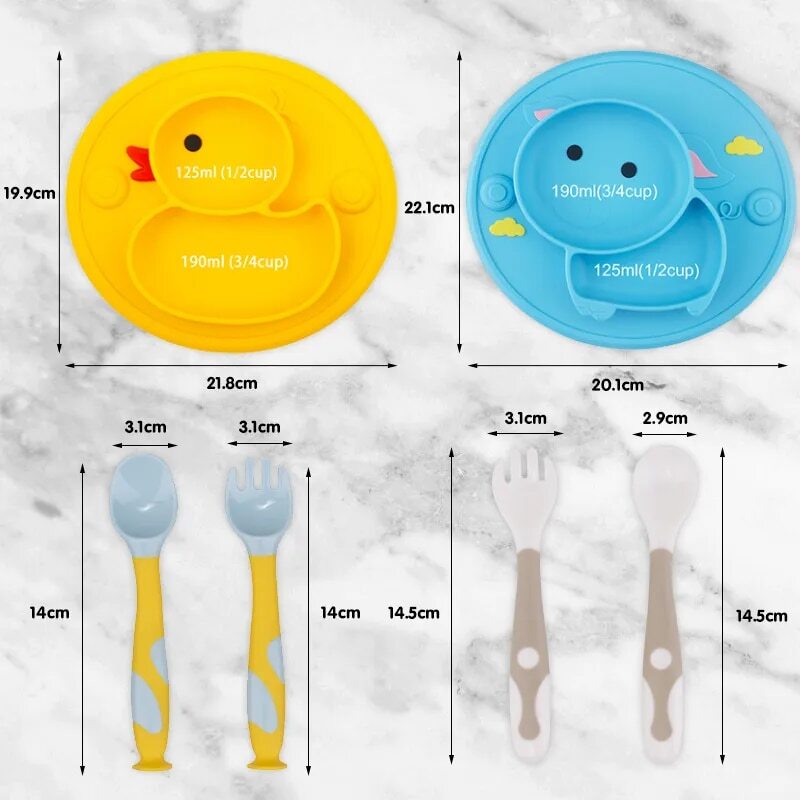 Baby Silicone Plate Non-Slip Feeding Tableware Sucker Bowl Sippy Cup Bibs Spoon Fork Sets for Baby-Led Weaning - Minihomy