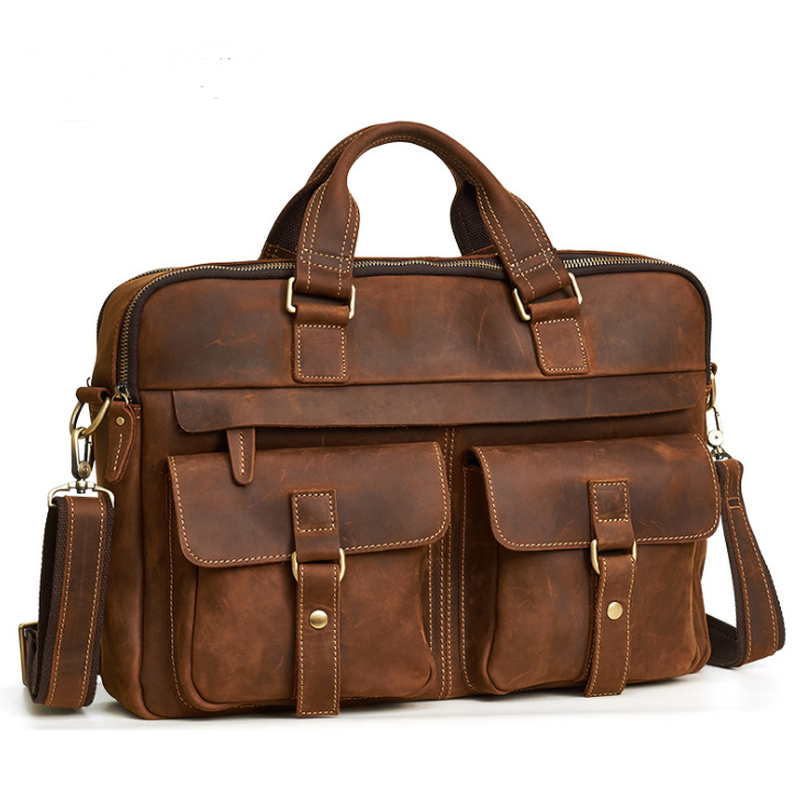 Genuine men''s bags retro men''s business bags briefcase cowhide oblique Bag 15.6 inch Laptop Bag - Minihomy