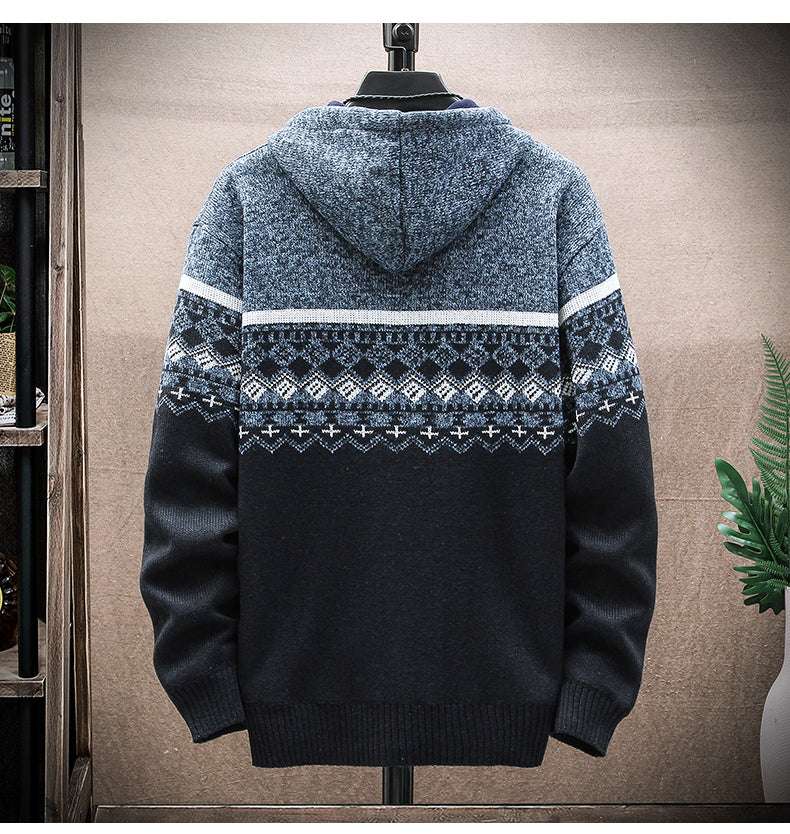 Hooded Cardigan Knitted Thick Plus Fleece Sweater Men - Minihomy