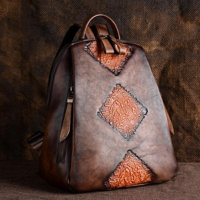 First Layer Cowhide Hand Rubbed Color Embossed Shoulder Ladies Backpack - Minihomy