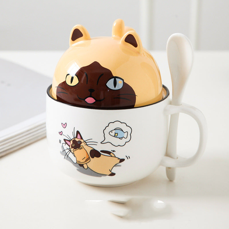 Cartoon Office Ceramic Mug With Lid Spoon - Minihomy