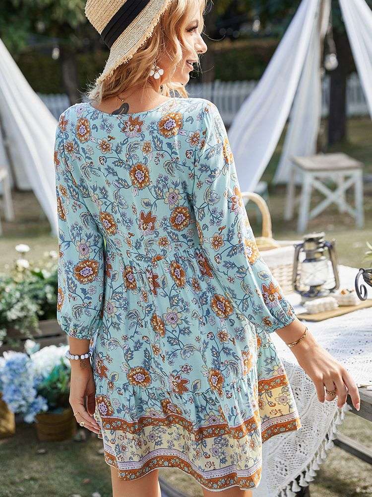 Boho Print Button V-Neck Long Sleeve Fringe Dress - Minihomy