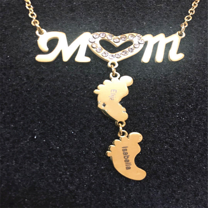 Personalized Inlay MOM Necklace with Baby Feet Name Necklace Pendant Custom Necklace Zirconia Necklaces - Minihomy