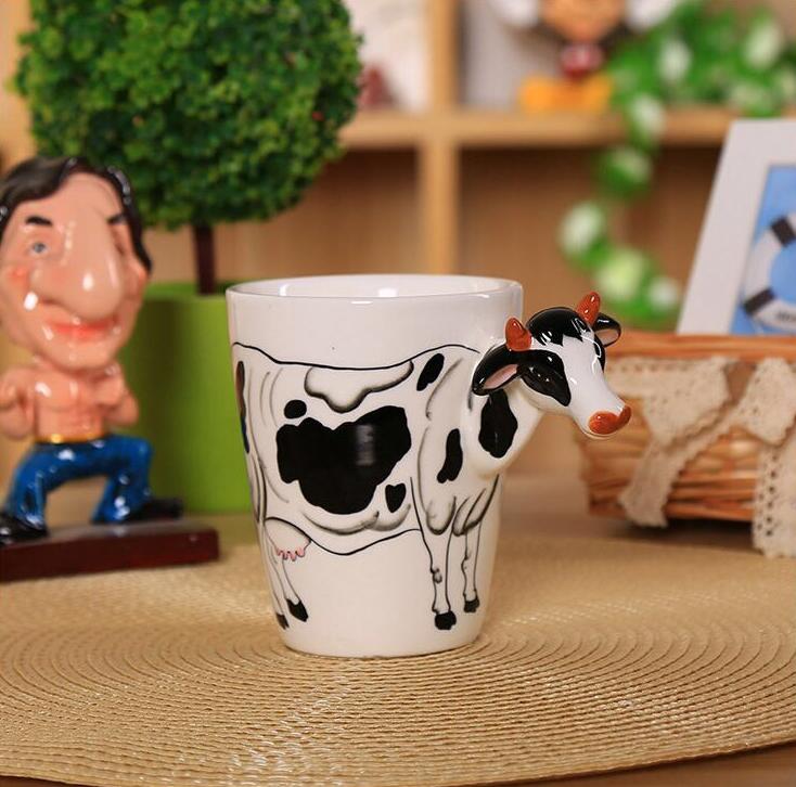 Festival gift Ceramic coffee milk tea mug 3D animal shape Hand painted Cow cup - Minihomy